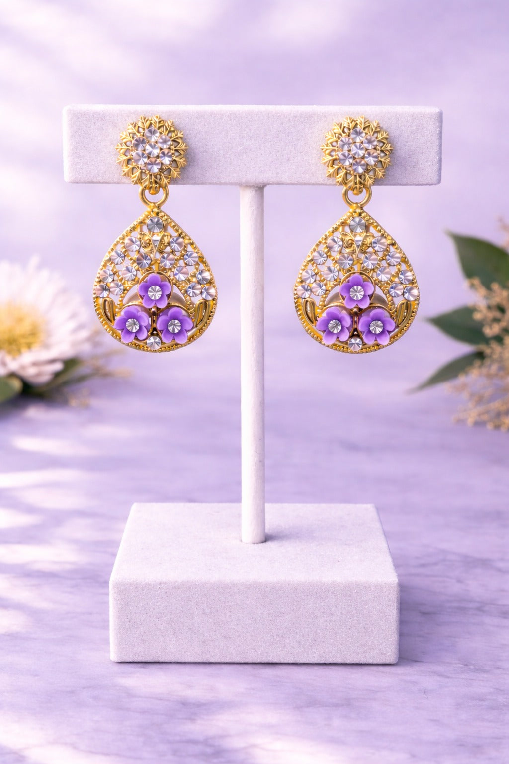 Lavender Bloom Floral Crystal Teardrop Earrings