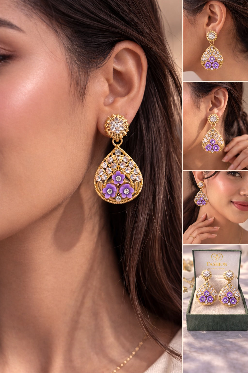 Lavender Bloom Floral Crystal Teardrop Earrings
