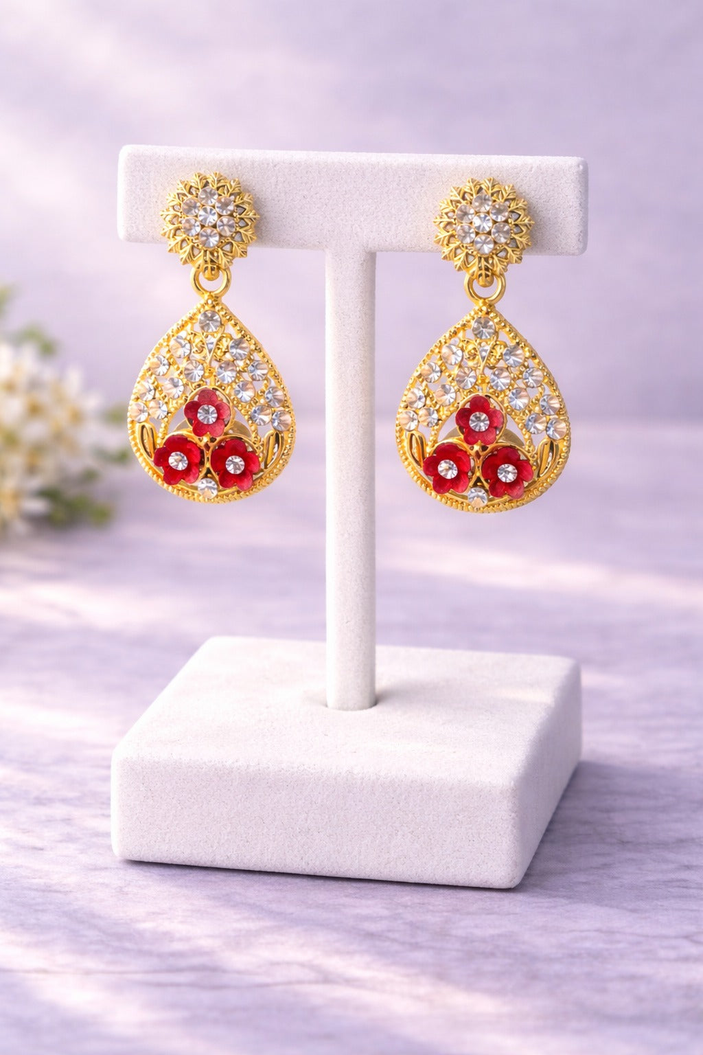 Ruby Bloom Floral Crystal Teardrop Earrings