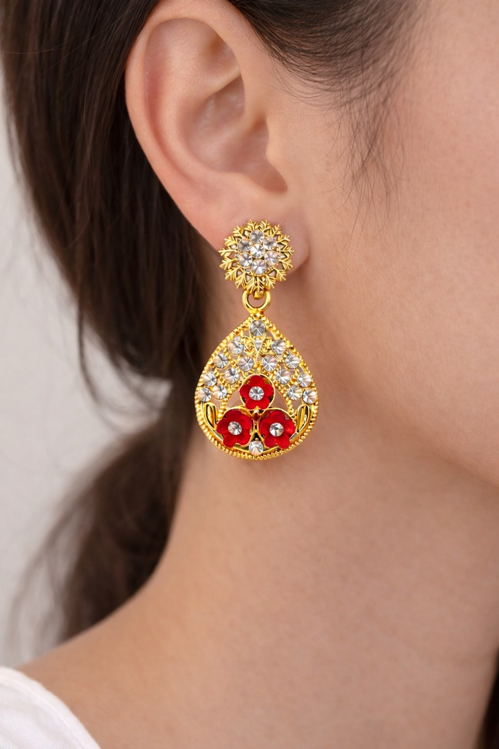 Ruby Bloom Floral Crystal Teardrop Earrings