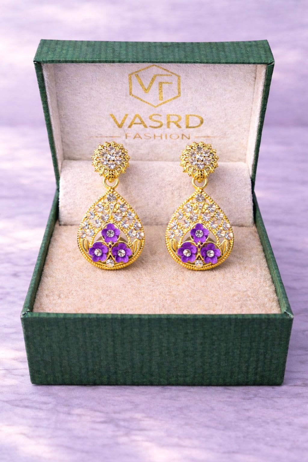 Elegant Gold-Tone Purple Floral Teardrop Dangle Earrings with Crystal Accents