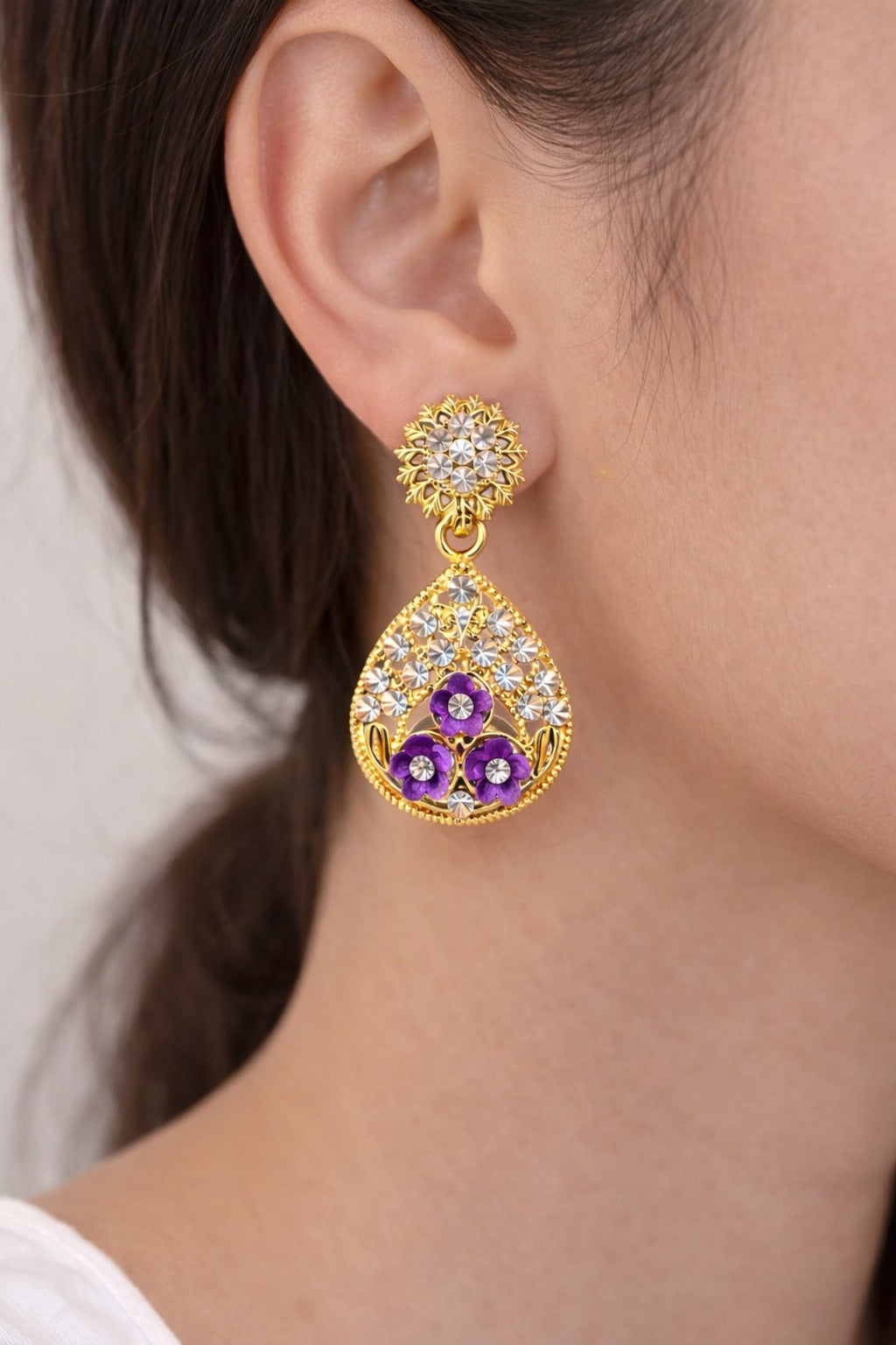 Elegant Gold-Tone Purple Floral Teardrop Dangle Earrings with Crystal Accents