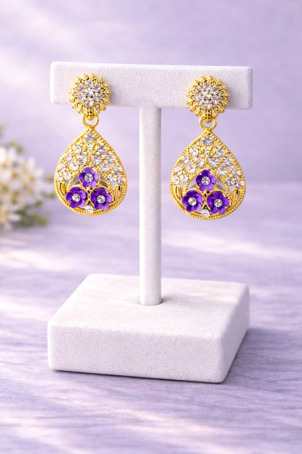 Elegant Gold-Tone Purple Floral Teardrop Dangle Earrings with Crystal Accents