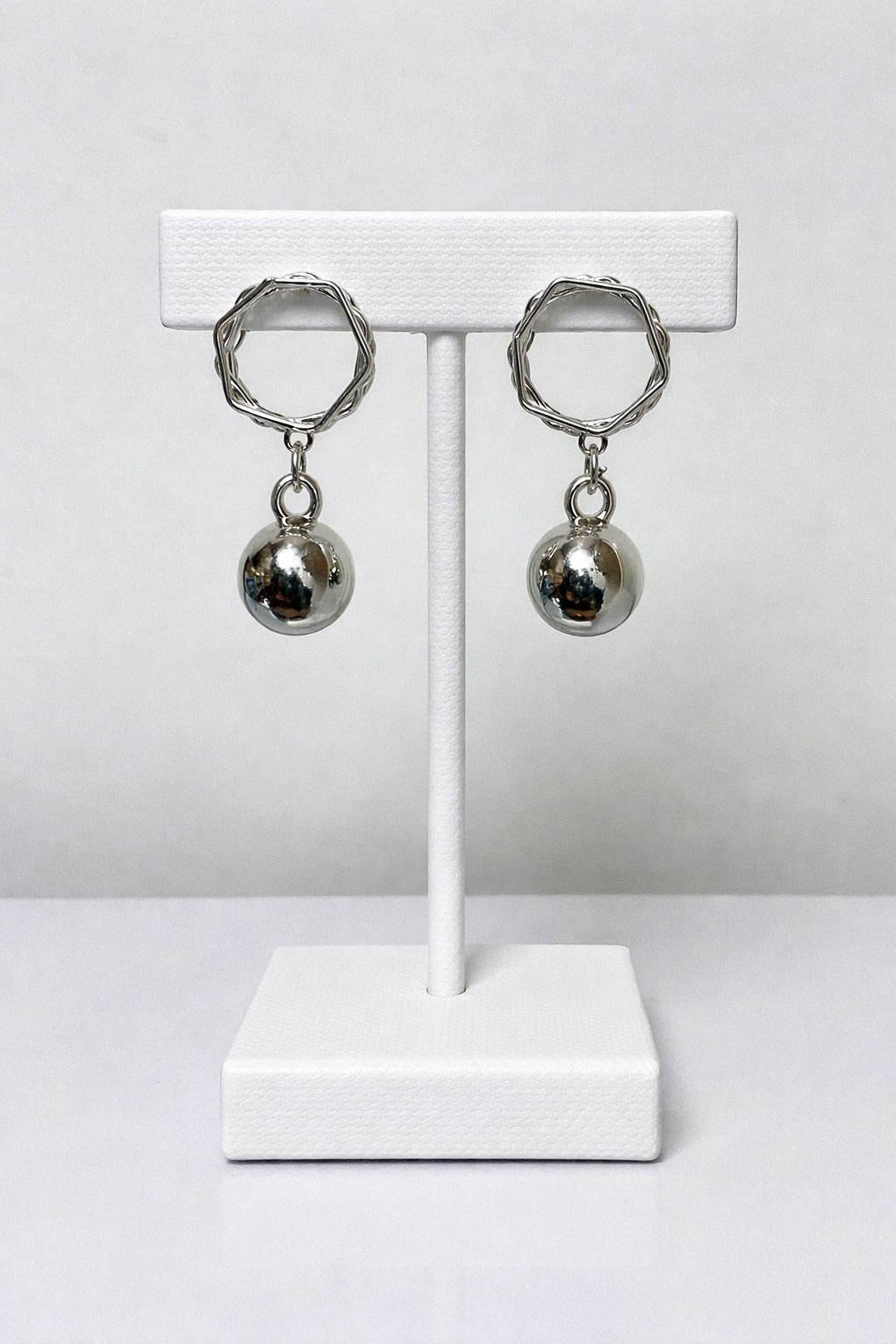 Modern Silver Geometric Drop Earrings with Polished Ball Dangle