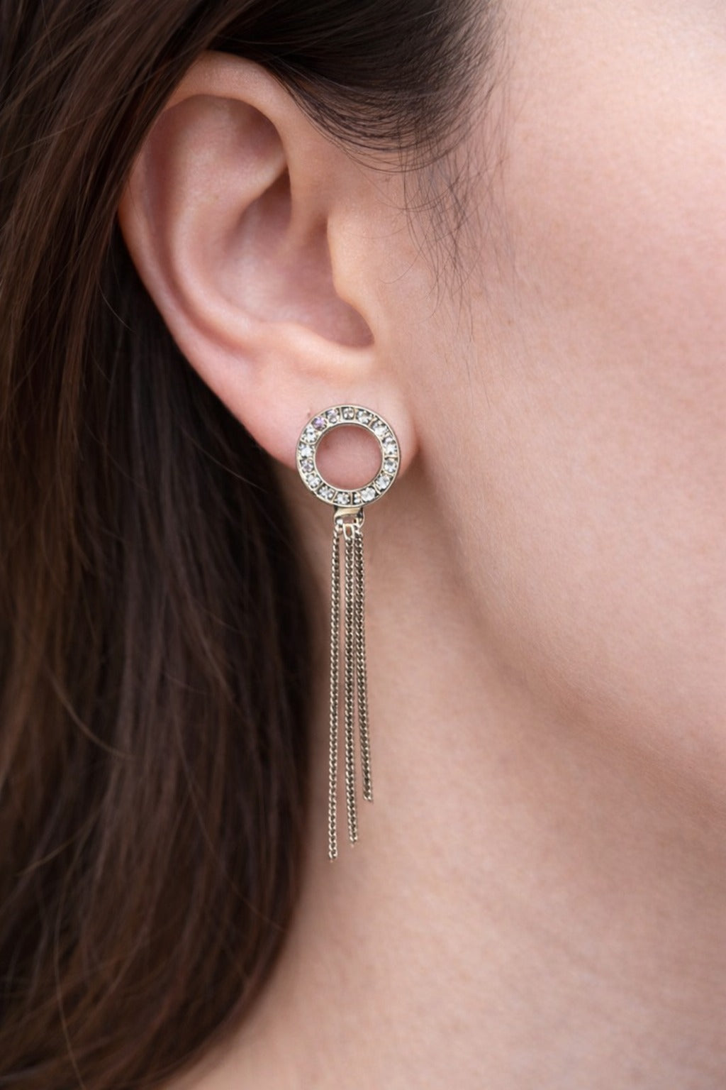 Crystal Halo Circle Chain Tassel Earrings