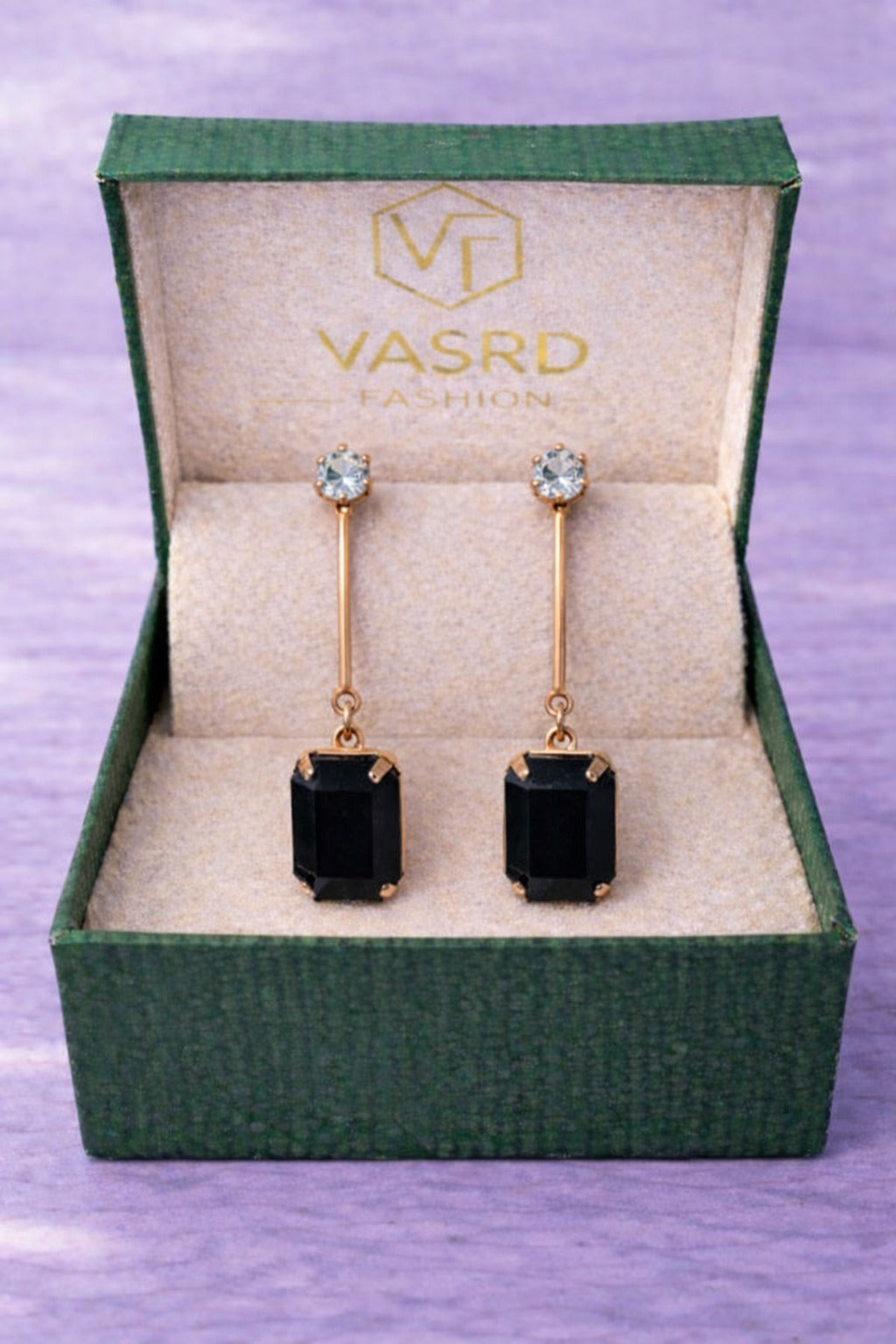Black Onyx Crystal Bar Drop Earrings