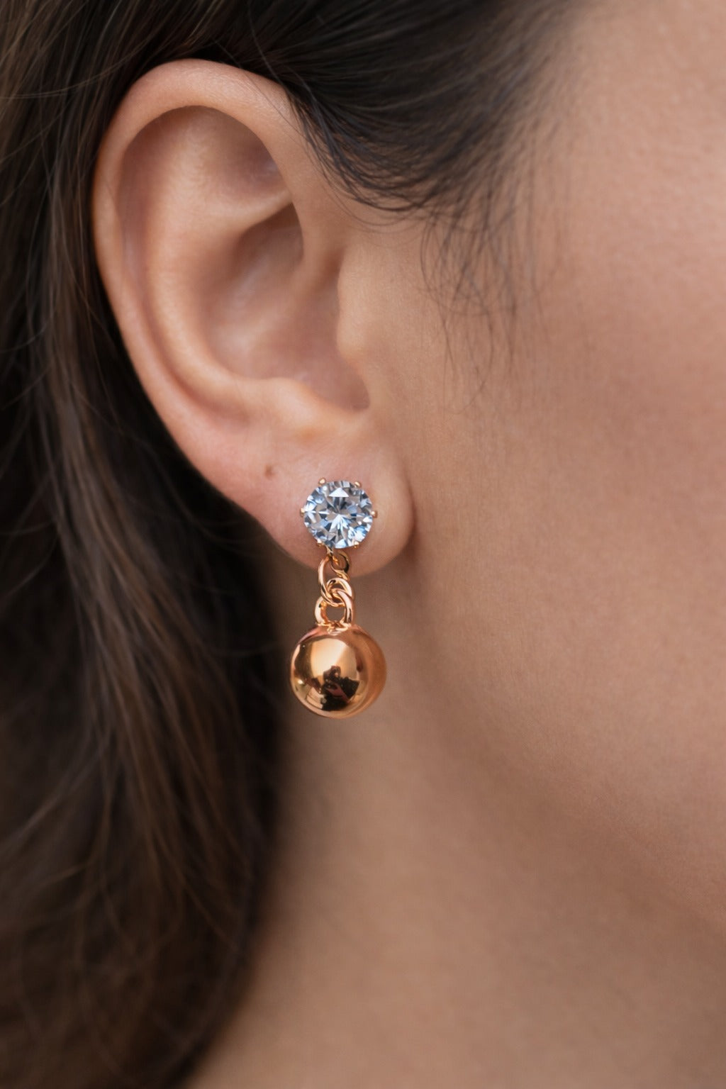 Crystal Stud Gold Ball Drop Earrings