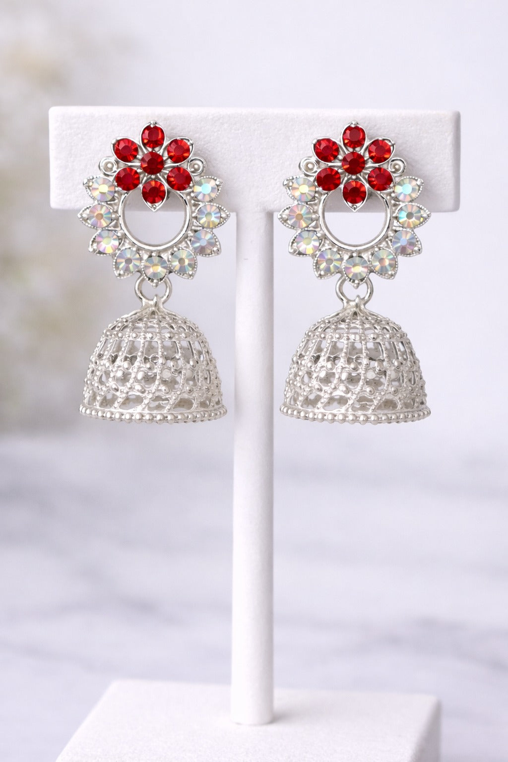 Red Crystal Floral Silver Jhumka Earrings