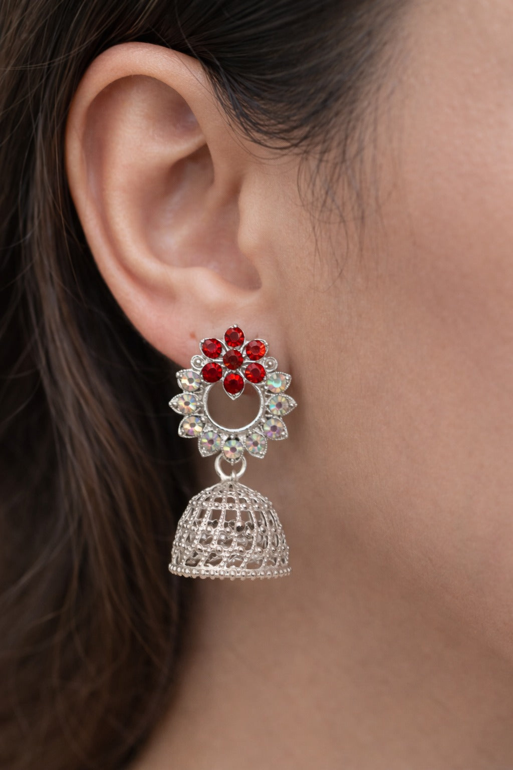 Red Crystal Floral Silver Jhumka Earrings