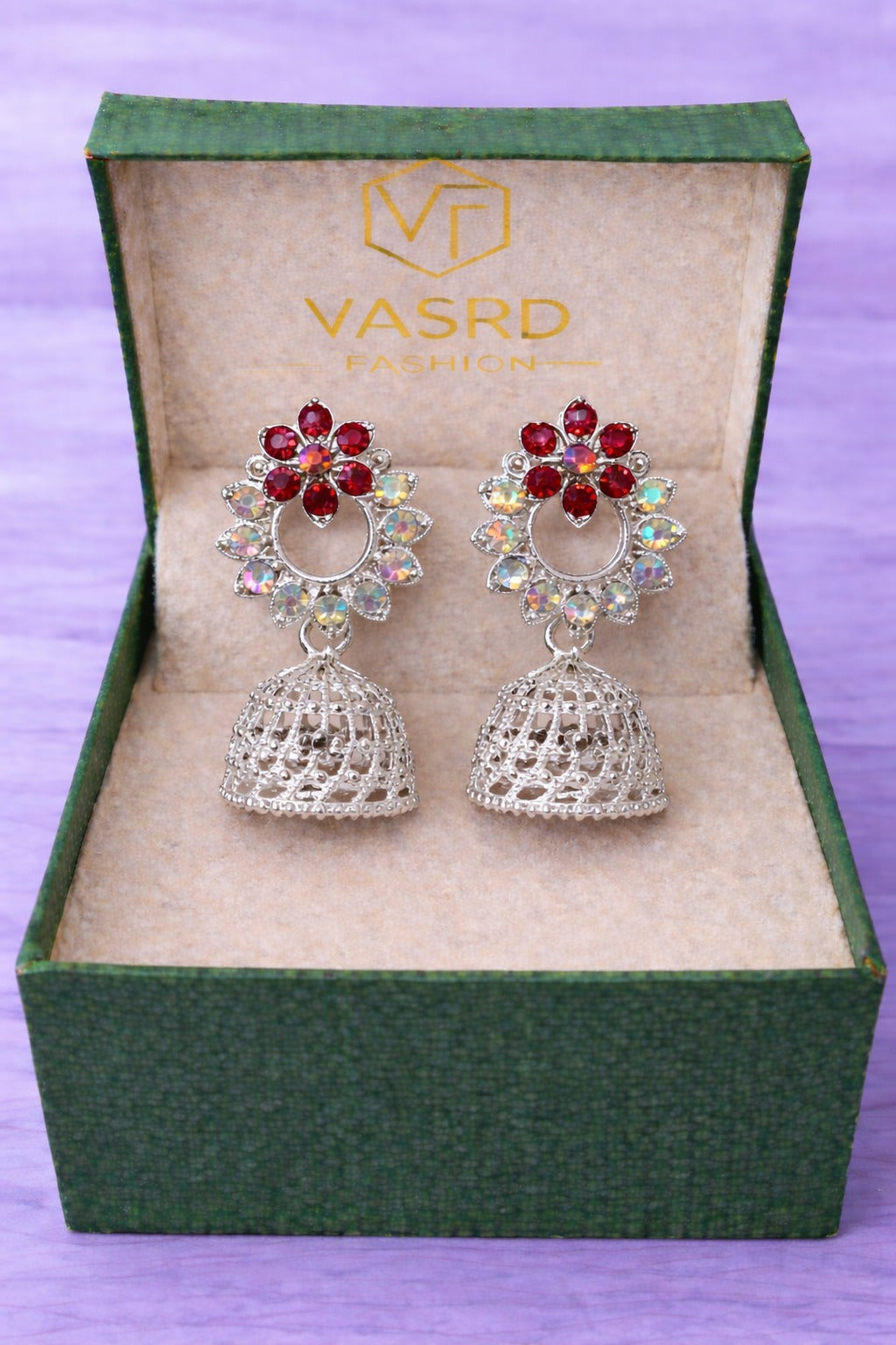 Red Crystal Floral Silver Jhumka Earrings