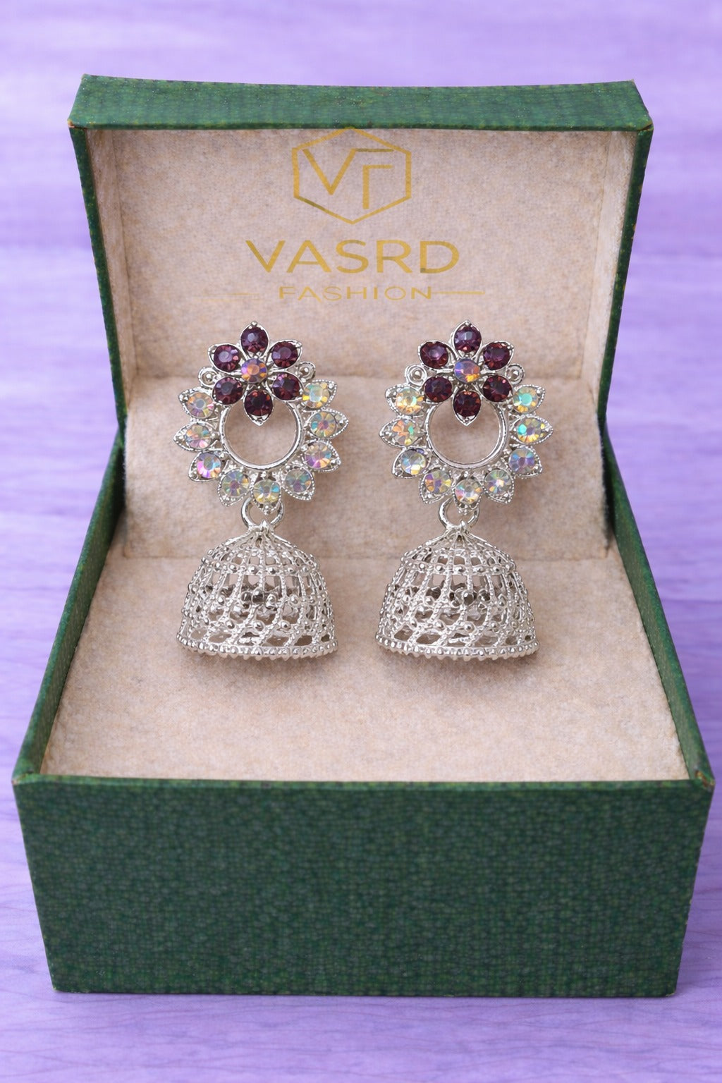 Floral Crystal Silver Jhumka Earrings with Maroon Stones and Intricate Dome Design