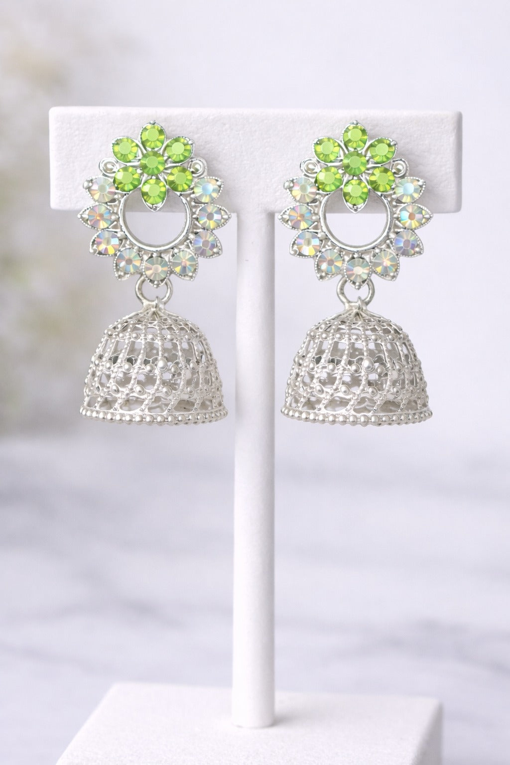 Lime Green Crystal Floral Silver Jhumka Earrings