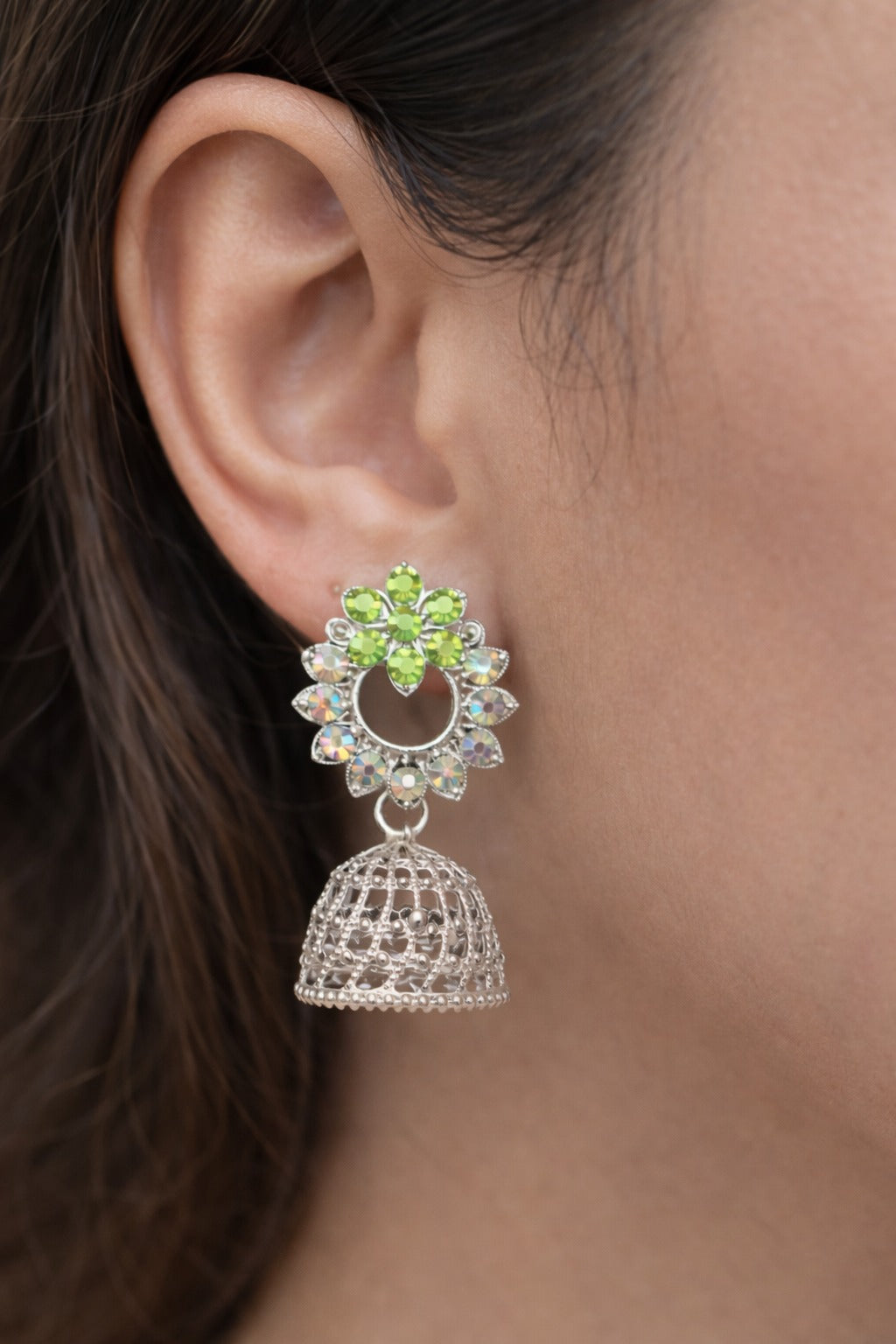 Lime Green Crystal Floral Silver Jhumka Earrings