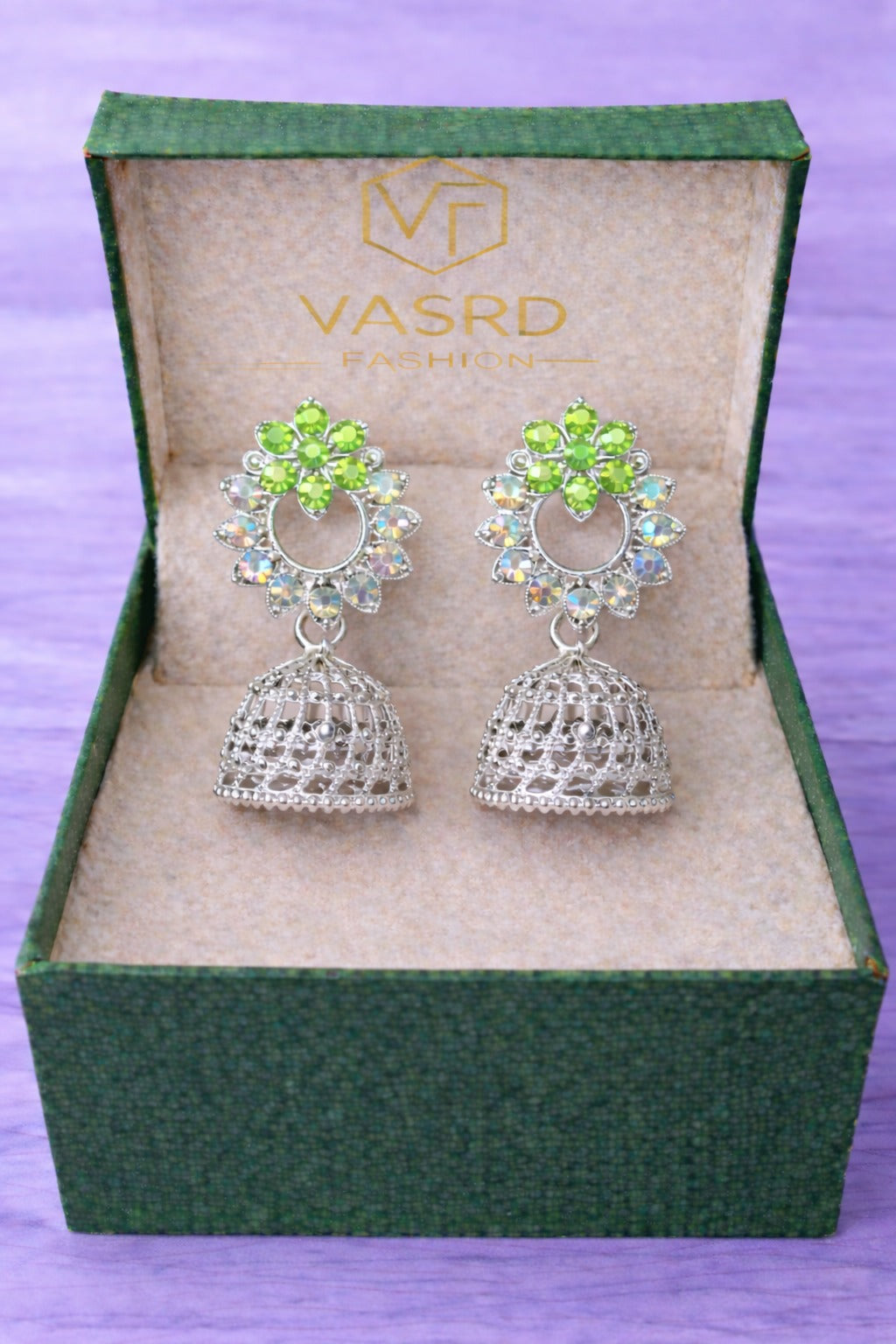 Lime Green Crystal Floral Silver Jhumka Earrings