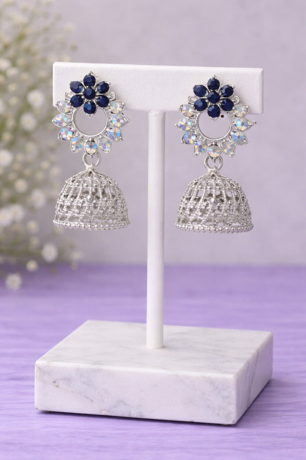 Royal Blue Crystal Floral Silver Jhumka Earrings