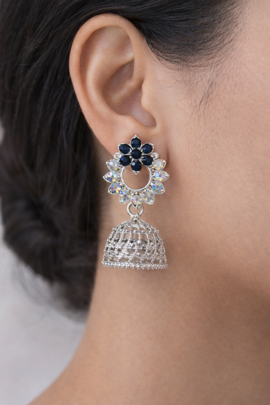 Royal Blue Crystal Floral Silver Jhumka Earrings