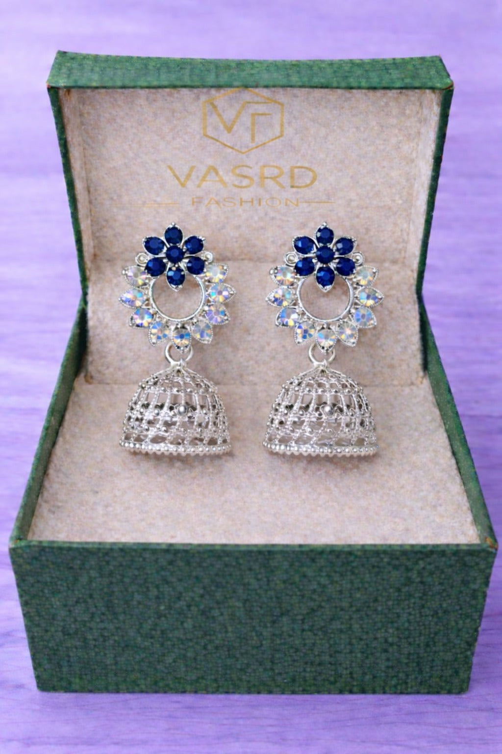 Royal Blue Crystal Floral Silver Jhumka Earrings