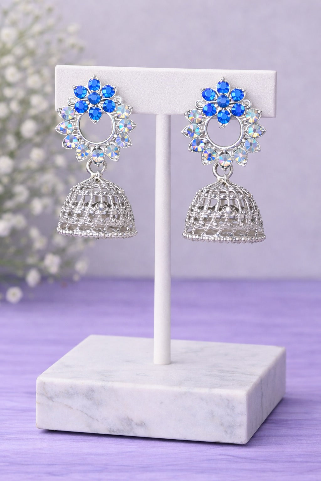 Sky Blue Crystal Floral Silver Jhumka Earrings