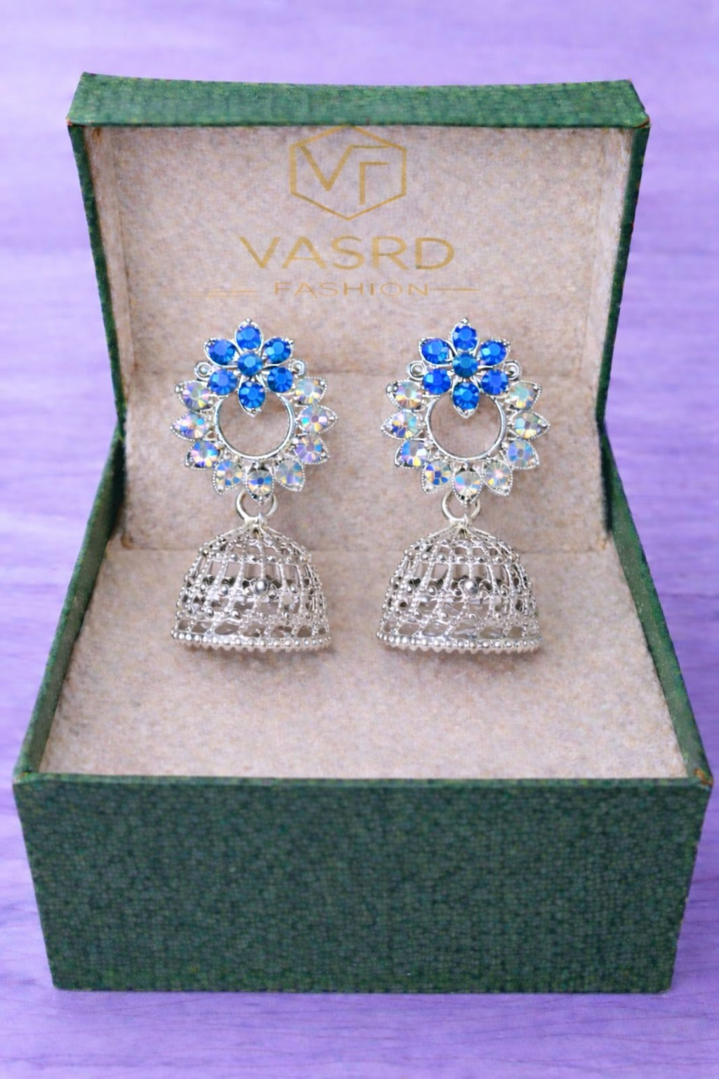 Sky Blue Crystal Floral Silver Jhumka Earrings