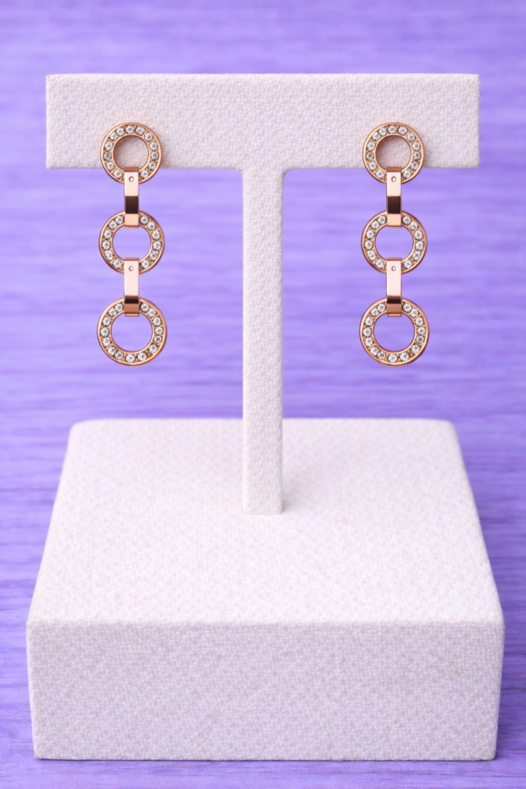Rose Gold Triple Circle Crystal Link Drop Earrings