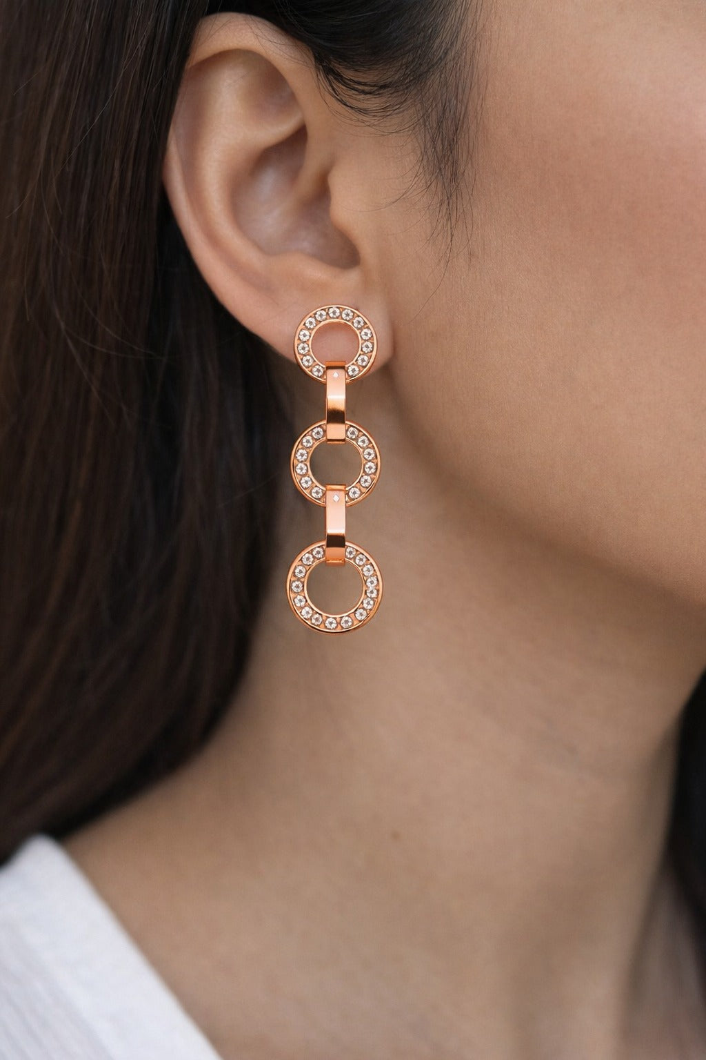 Rose Gold Triple Circle Crystal Link Drop Earrings