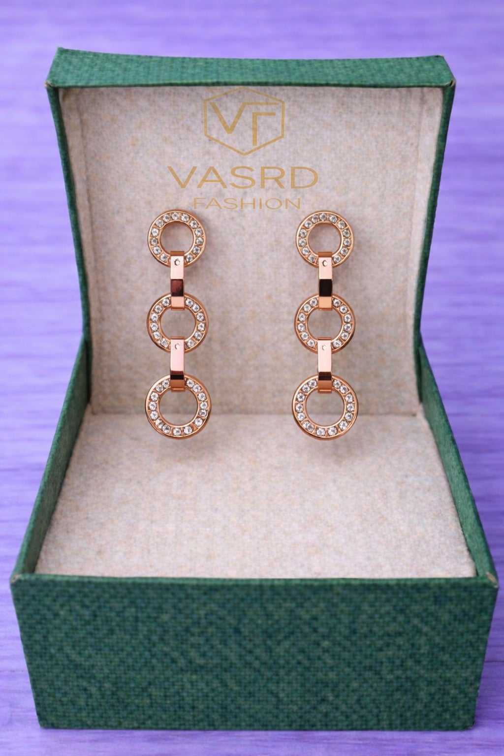 Rose Gold Triple Circle Crystal Link Drop Earrings