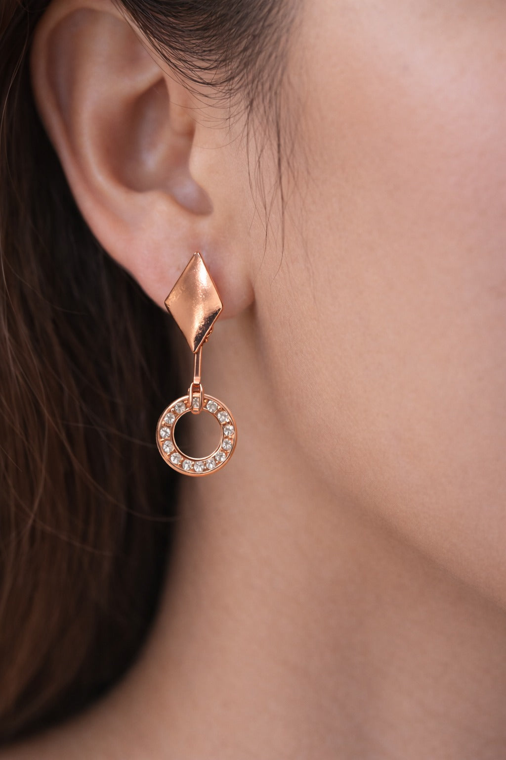 Rose Gold Diamond Shape Crystal Circle Drop Earrings