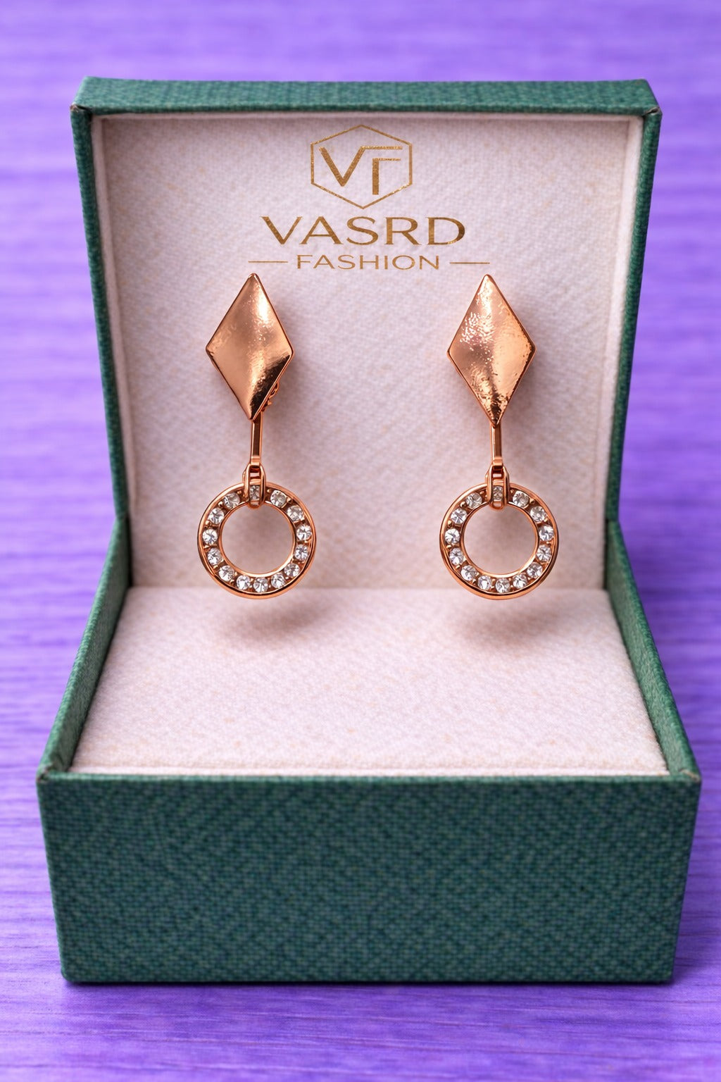 Rose Gold Diamond Shape Crystal Circle Drop Earrings