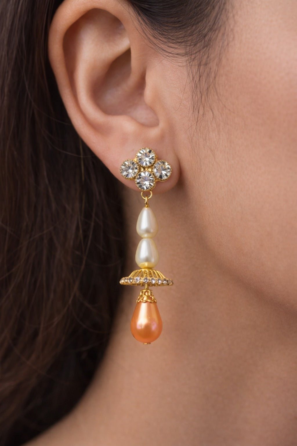 Crystal Floral Pearl Drop Jhumka Earrings