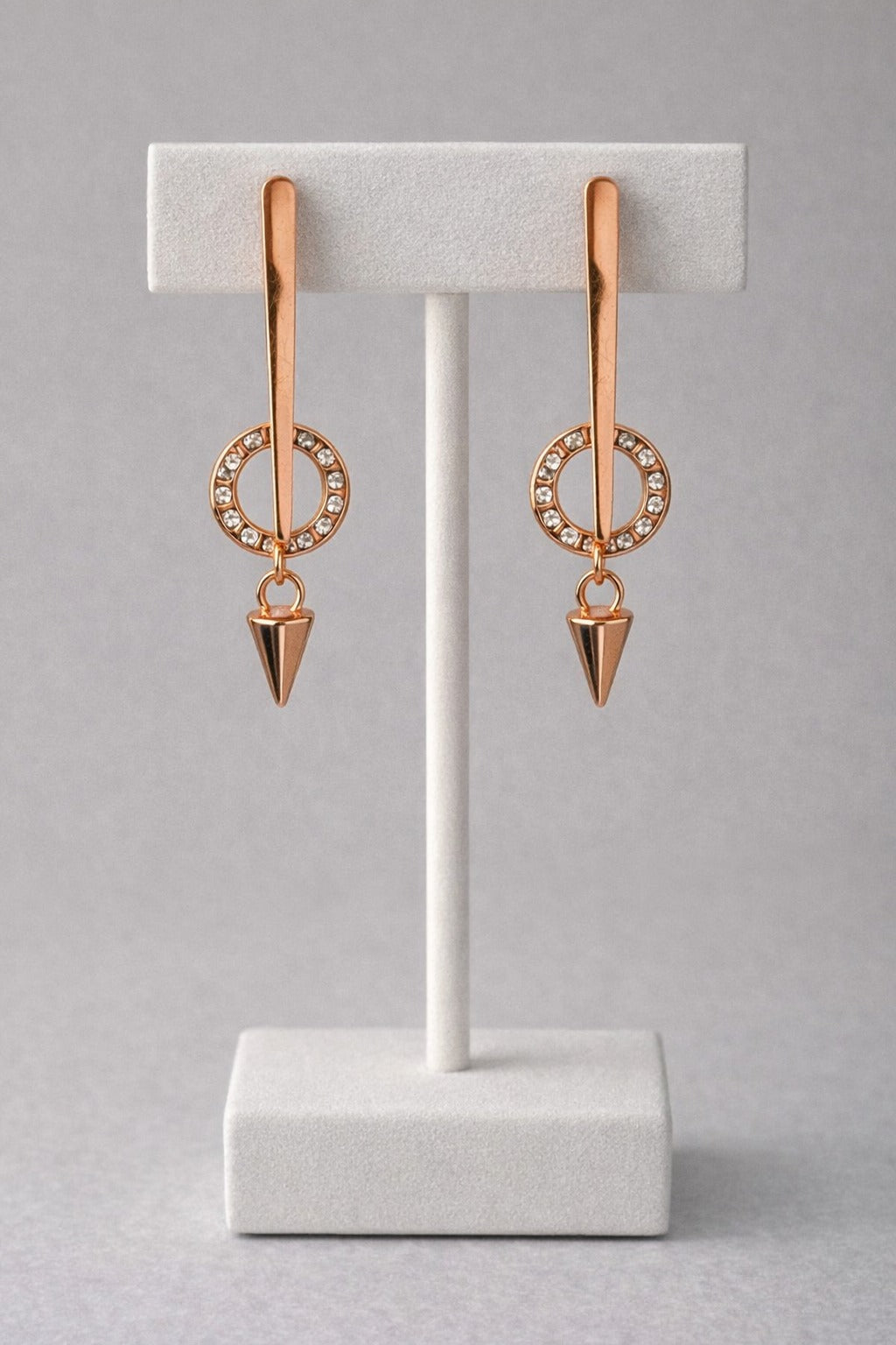 Elegant Rose Gold Crystal Circle Drop Earrings with Cone Dangle