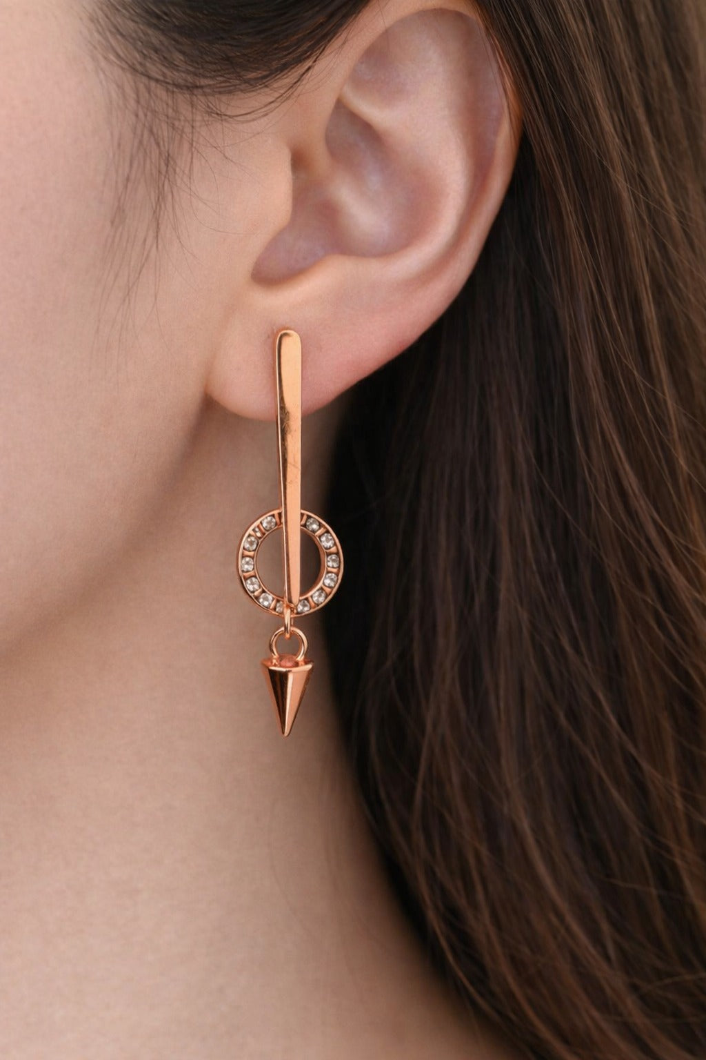Elegant Rose Gold Crystal Circle Drop Earrings with Cone Dangle