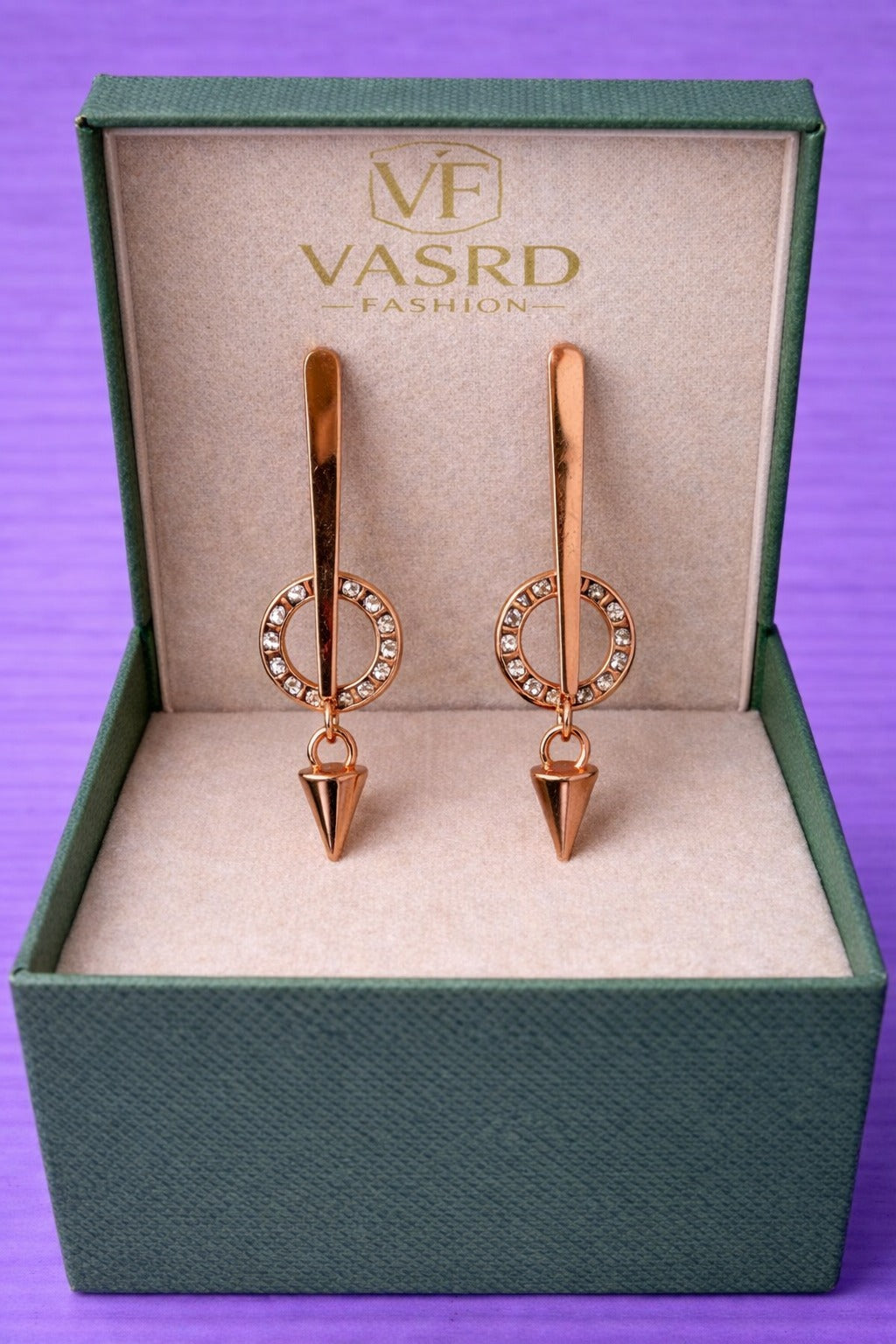 Elegant Rose Gold Crystal Circle Drop Earrings with Cone Dangle