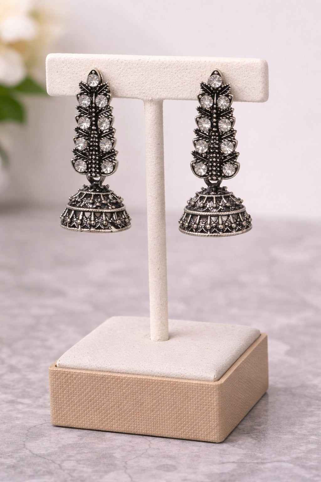 Traditional Oxidized Silver Crystal Jhumka Earrings