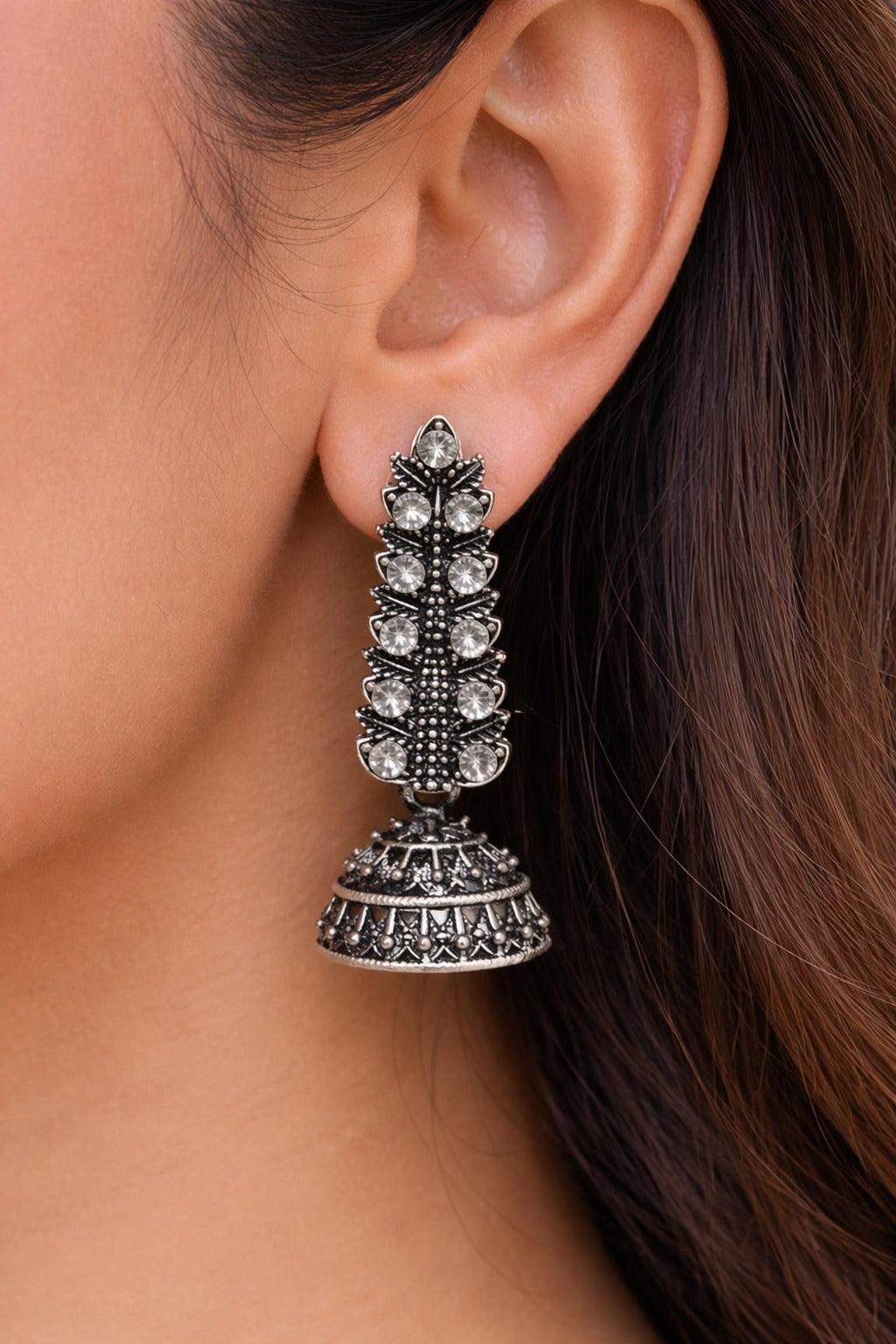 Traditional Oxidized Silver Crystal Jhumka Earrings