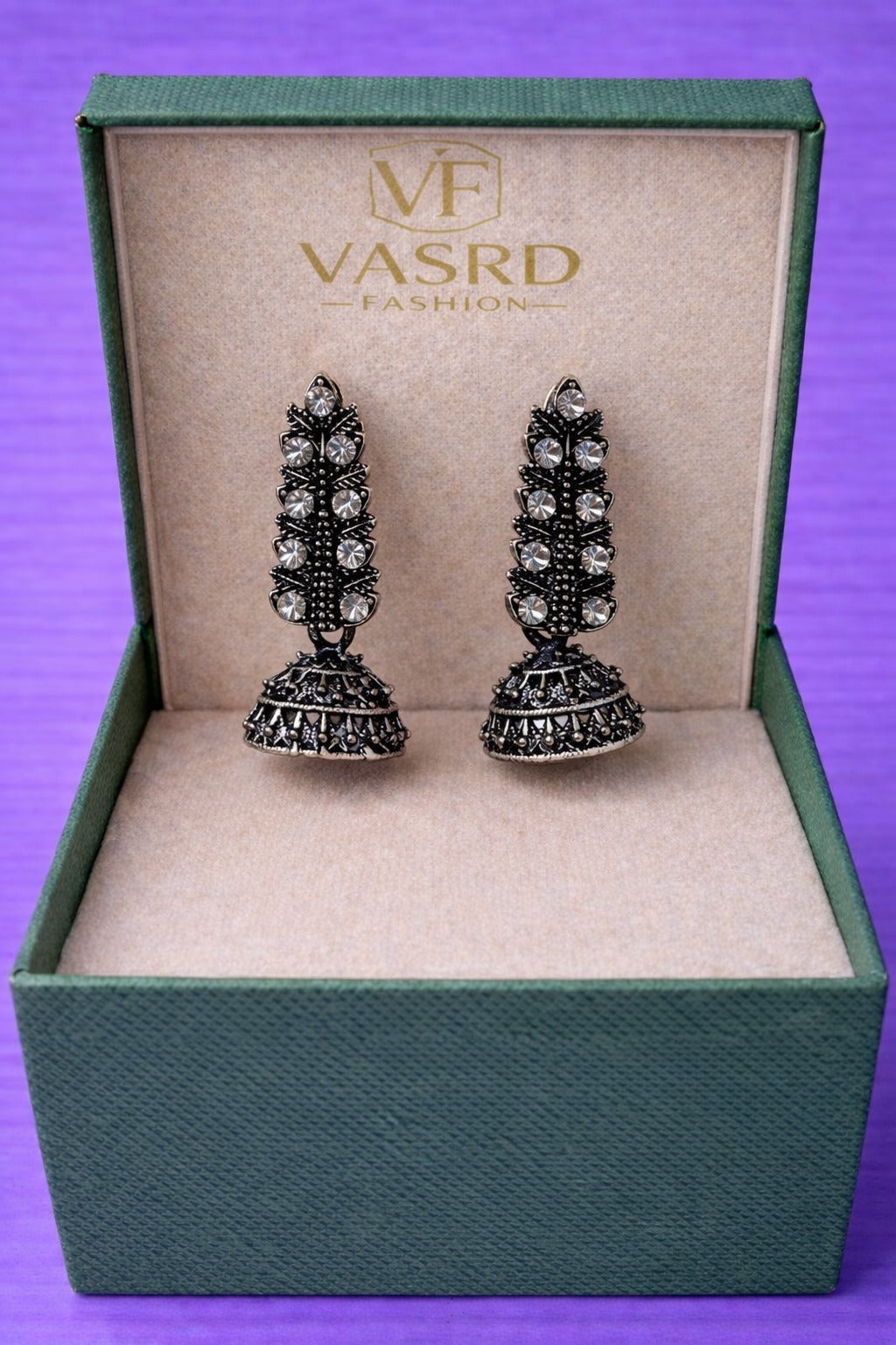 Traditional Oxidized Silver Crystal Jhumka Earrings