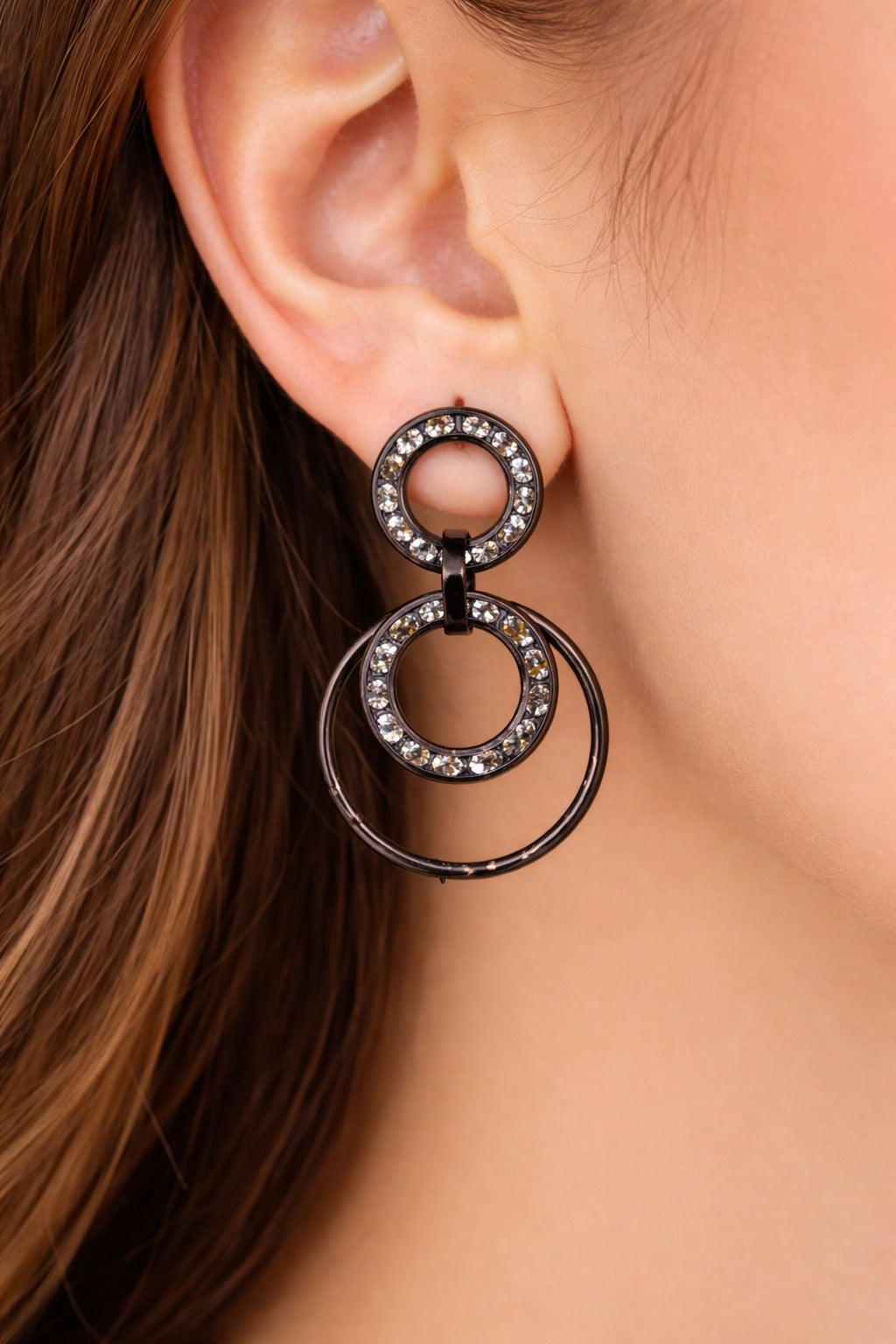 Black Rhodium Crystal Double Hoop Drop Earrings