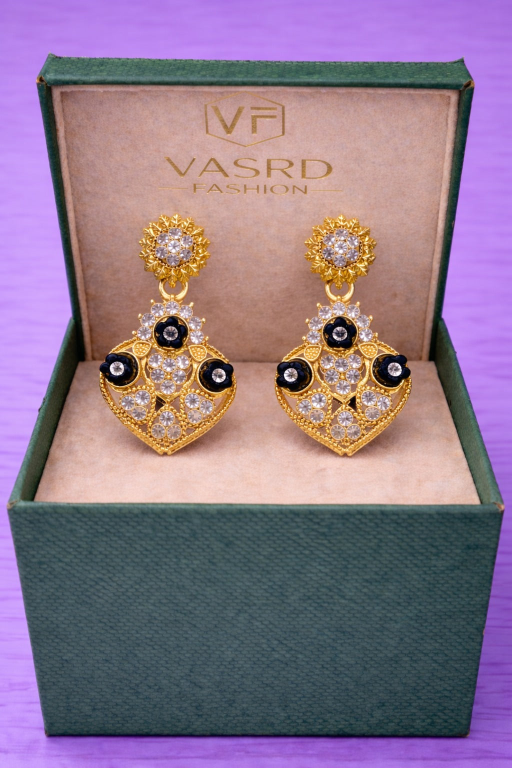 Gold-Tone Floral Crystal Drop Earrings with Black Stone Accents and Antique Filigree Design