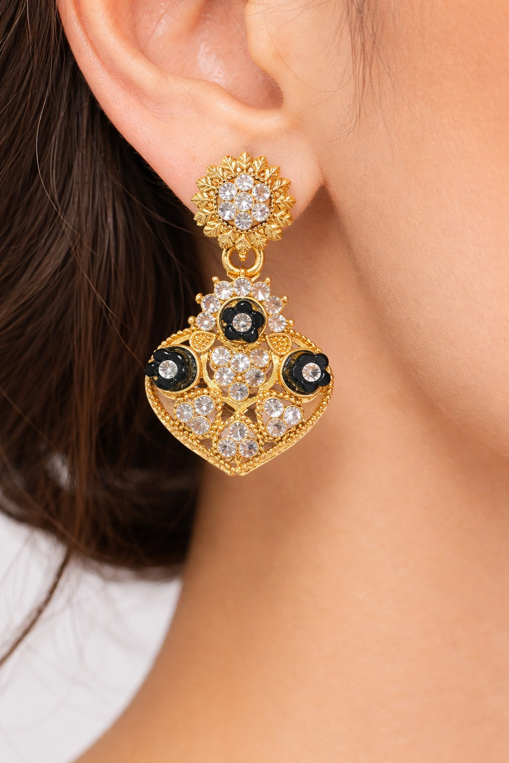 Gold-Tone Floral Crystal Drop Earrings with Black Stone Accents and Antique Filigree Design