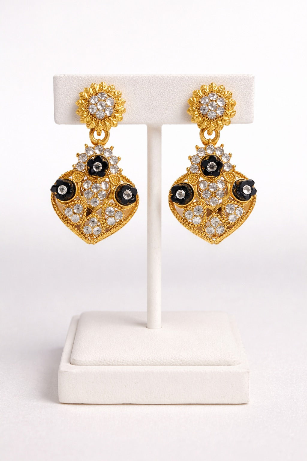 Gold-Tone Floral Crystal Drop Earrings with Black Stone Accents and Antique Filigree Design