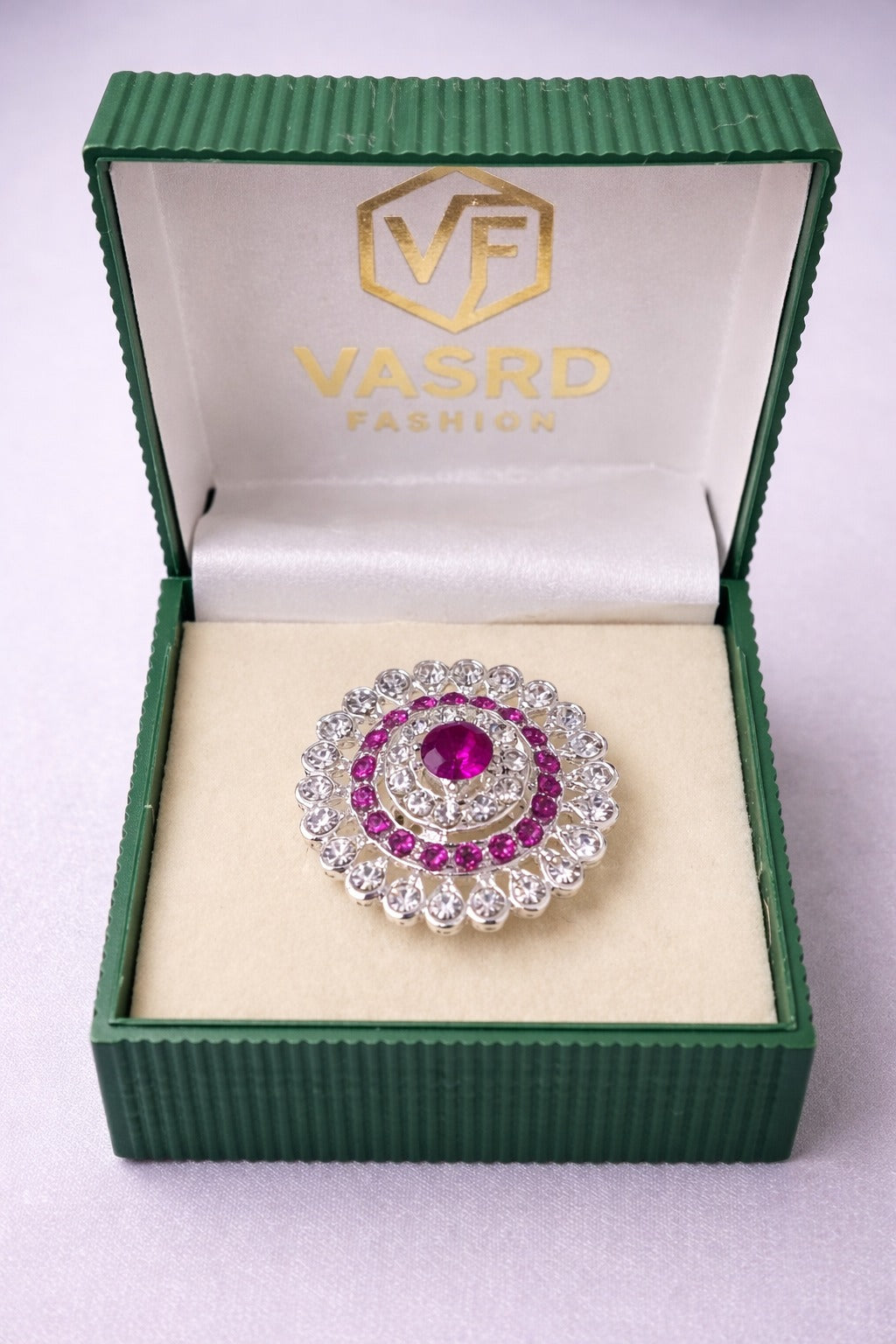 Silver-Tone Pink Crystal Floral Statement Ring with Halo Rhinestone Design