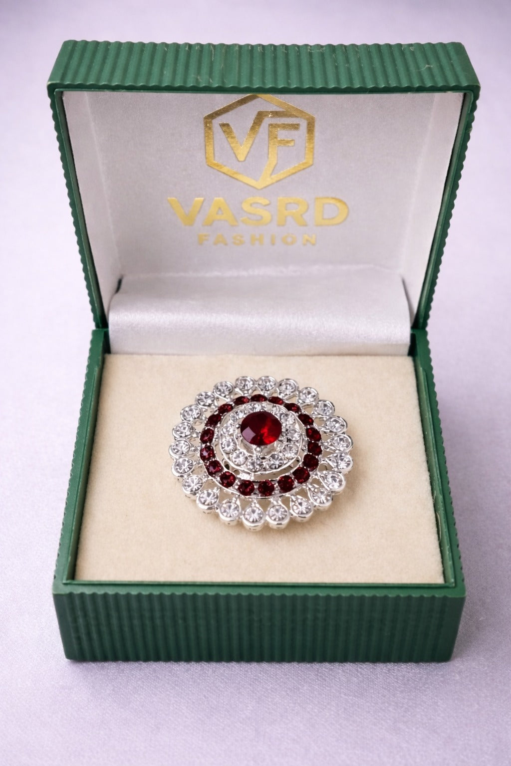 Silver-Tone Red Crystal Floral Statement Ring with Halo Rhinestone Design