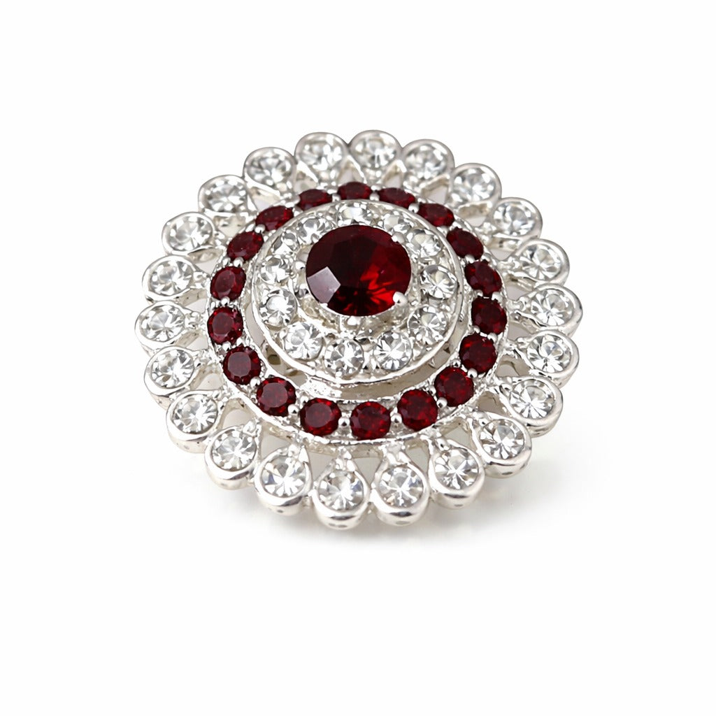 Silver-Tone Red Crystal Floral Statement Ring with Halo Rhinestone Design