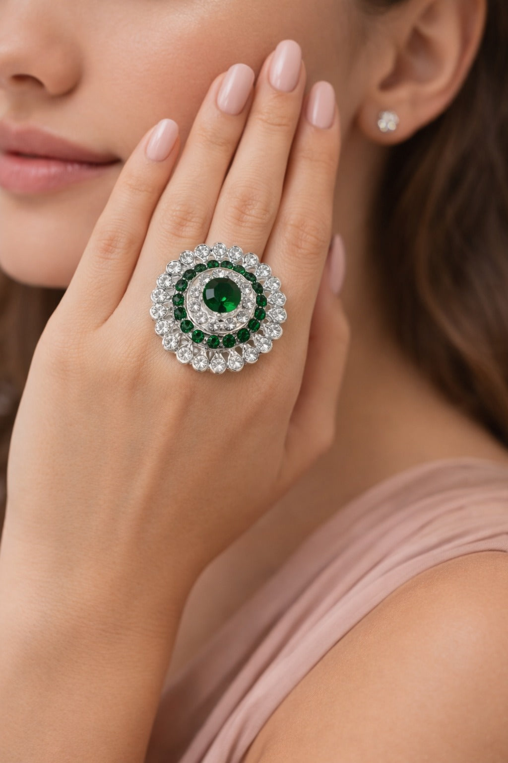 Silver-Tone Green Crystal Floral Statement Ring with Halo Rhinestone Design