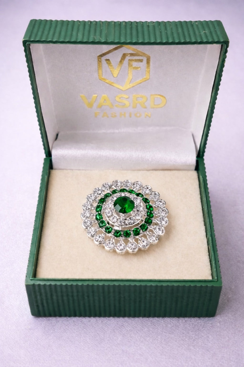 Silver-Tone Green Crystal Floral Statement Ring with Halo Rhinestone Design