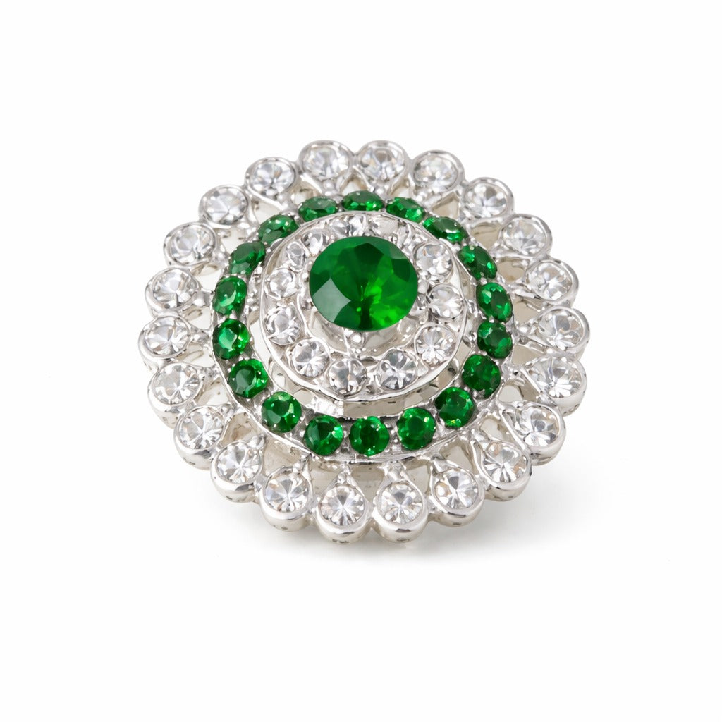 Silver-Tone Green Crystal Floral Statement Ring with Halo Rhinestone Design