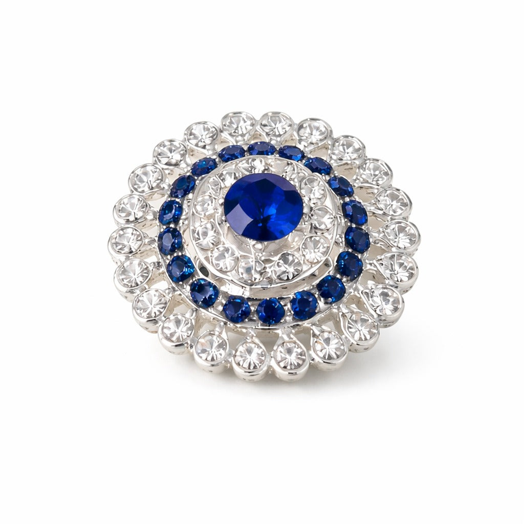 Silver-Tone Blue Crystal Halo Statement Ring with Floral Rhinestone Design