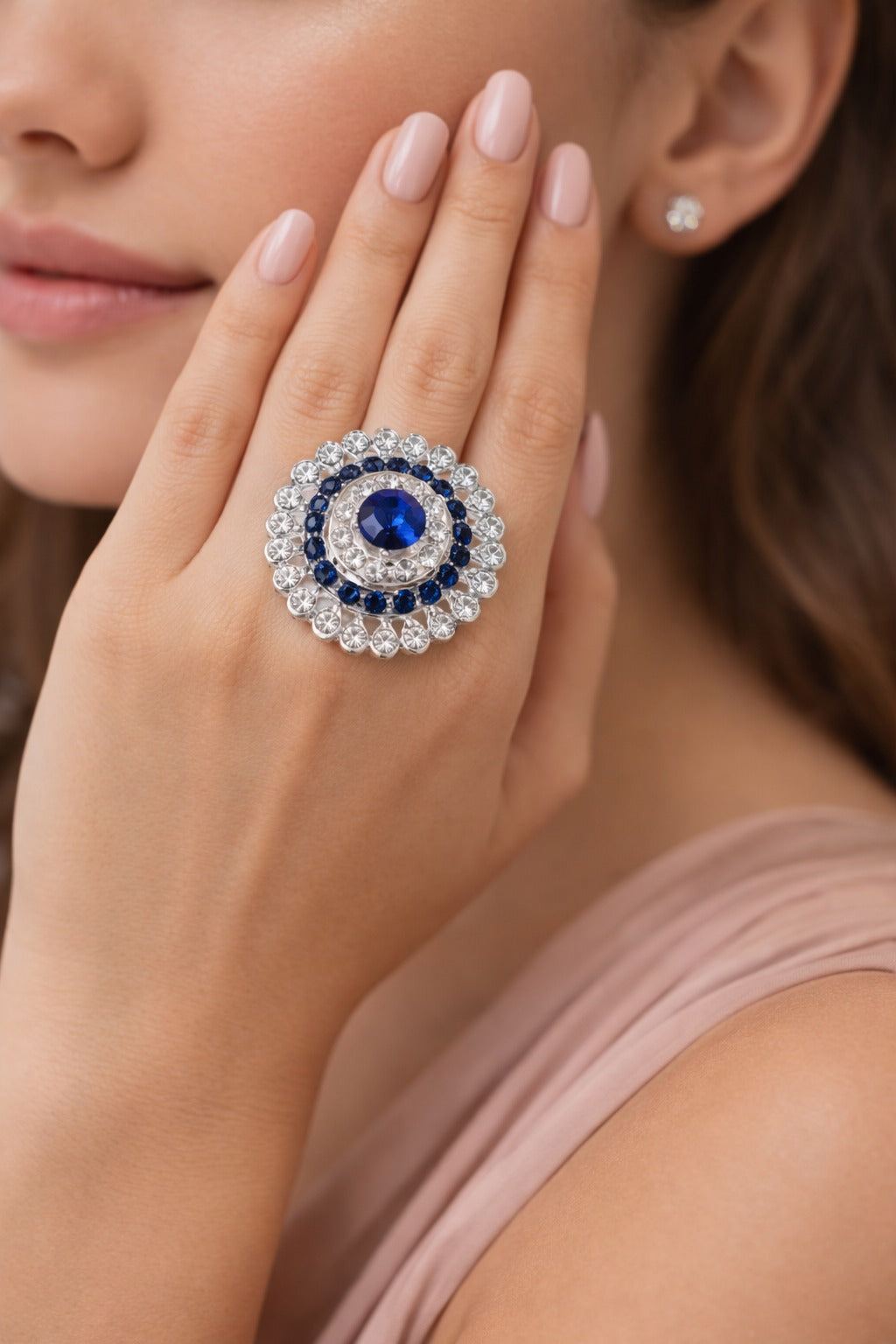Silver-Tone Blue Crystal Halo Statement Ring with Floral Rhinestone Design