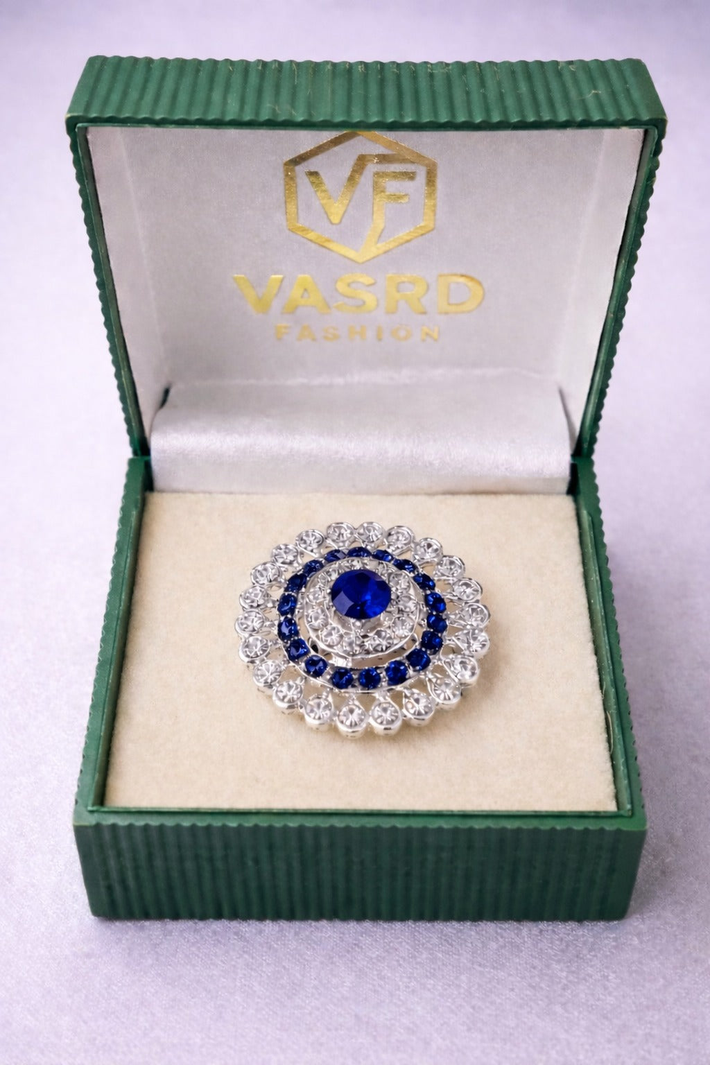 Silver-Tone Blue Crystal Halo Statement Ring with Floral Rhinestone Design
