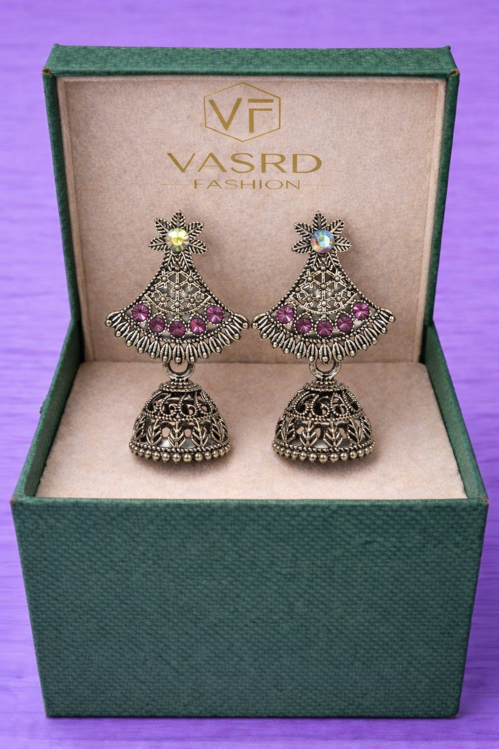 Traditional Oxidized Silver Pink Stone Jhumka Earrings