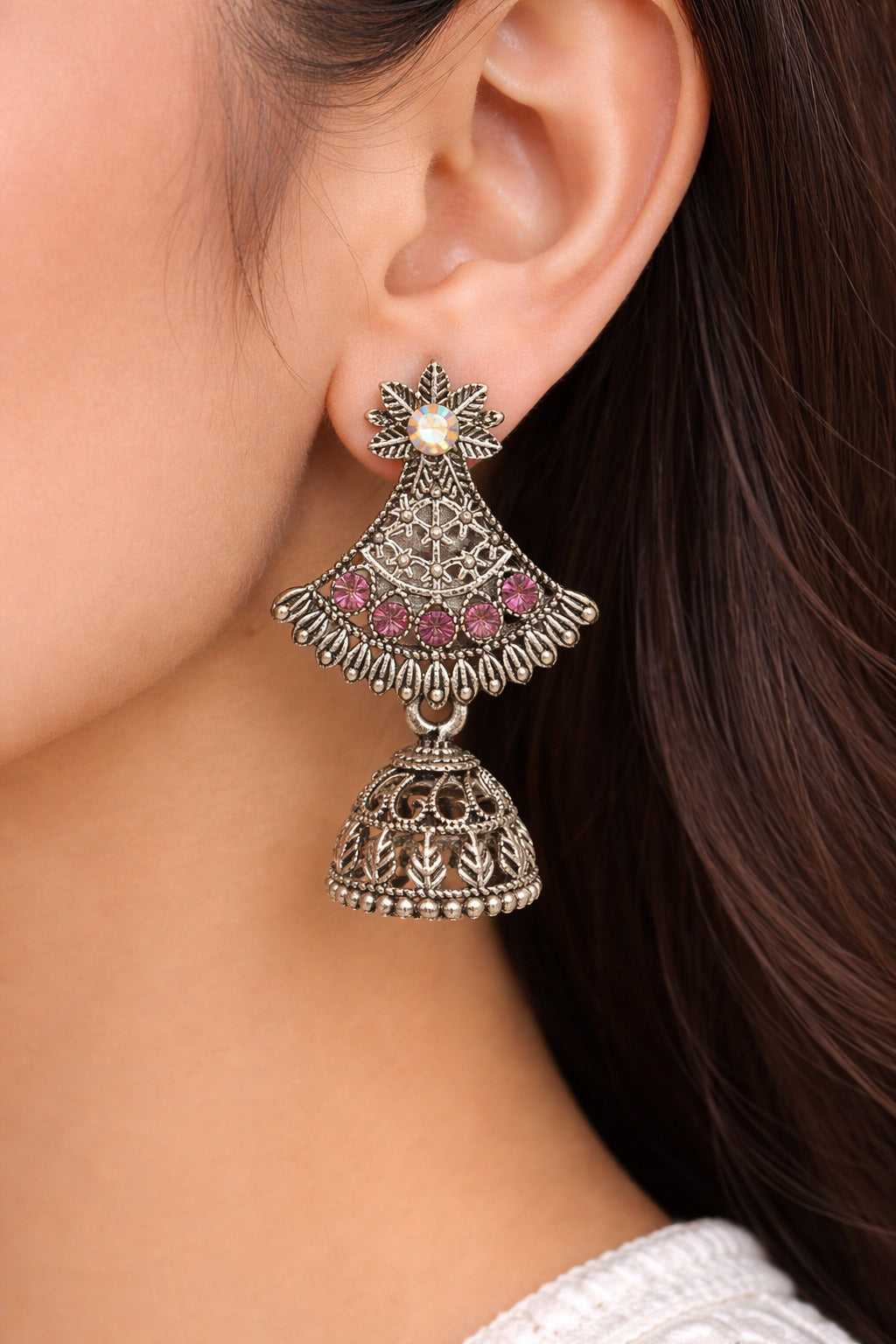 Traditional Oxidized Silver Pink Stone Jhumka Earrings